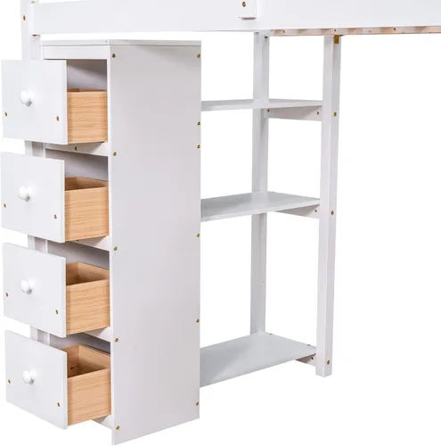 Vista 9 de MERITLINE Cama tipo loft de tamaño individual con escaleras y almacenamiento, cama tipo loft de madera individual con 4 cajones y estantes, cama