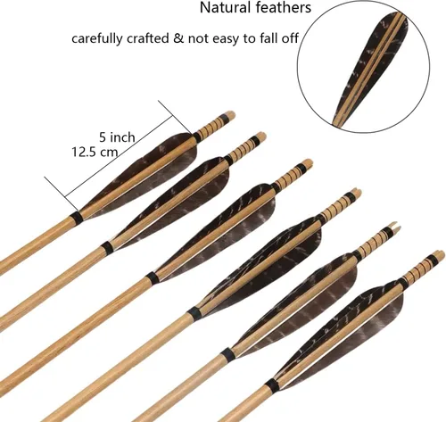 Vista 4 de TOPARCHERY Flechas de madera de tiro con arco, 32 pulgadas, práctica de caza, flecha de objetivo de 5 pulgadas, plumas de pavo Fletching recurve