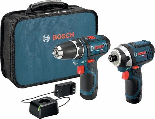 Bosch CLPK22 – 120 - Kit combo de 2 herramientas (taladro/ desarmador y armador de impacto) con 2 baterías de iones de litio 12 -V, cargador, y