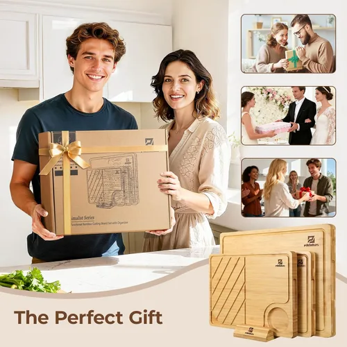 Vista 9 de Piklohas Juego de 4 tablas de cortar grandes de bambú para cocina, tabla de charcutería de bambú con soporte antideslizante, bandeja para servir