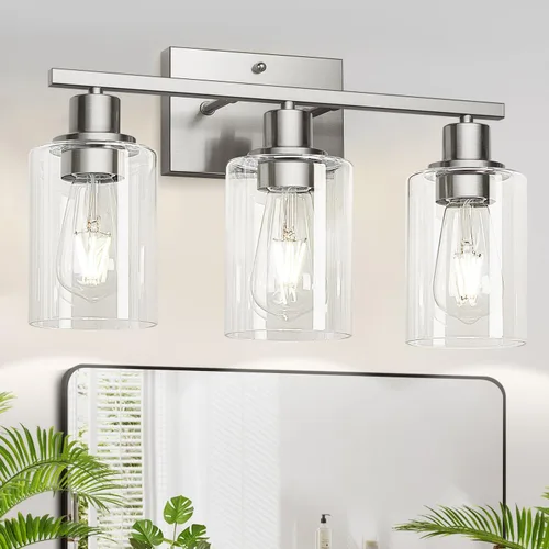 Vista 18 de MOKATNG Juego de 2 apliques de pared para baño, luces de tocador modernas negras con pantalla de vidrio blanco, lámpara de pared de baño