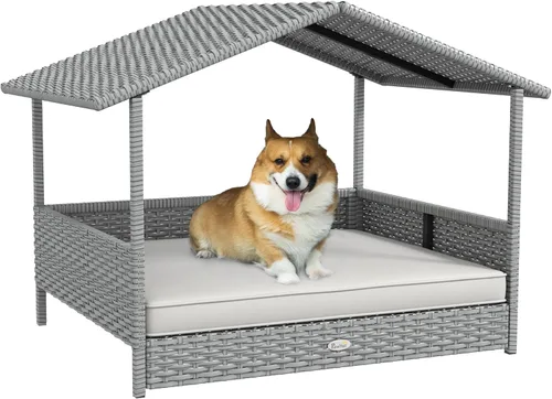 Vista 12 de PawHut Casa de mimbre para perros al aire libre con toldo, cama de ratán para perro con cojín resistente al agua, cama elevada para mascotas