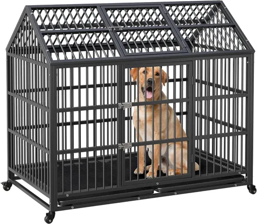 Vista 9 de Jaula resistente para perros, jaula para perros de 52 pulgadas con doble puerta, ruedas con bloqueo de 360° y bandeja extraíble, fácil de montar