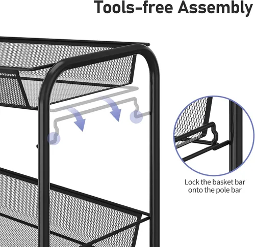 Vista 4 de TOOLF Carrito de metal de 3 niveles, alambre de malla fácil de montar, carrito de almacenamiento con ruedas con 3 ganchos, estantería