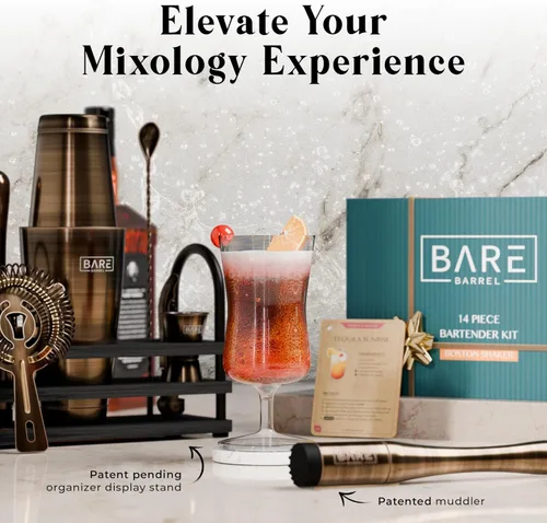 Vista 8 de BARE BARREL Mixology Bartender Kit Bar Set Juego de coctelera de 14 piezas Herramientas de mezcla de Martini Barware para el hogar 35 tarjetas