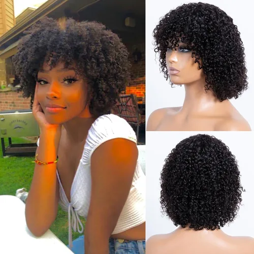 Vista 2 de peluca corta de cabello humano rizado con flequillo sin encaje frontal para mujeres, peluca rizada tipo Jerry, 12 pulgadas, color negro natural