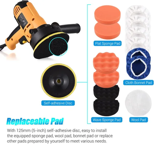 Vista 4 de Pulidora de búfer, cera de tampón Geevorks de 5 pulgadas, pulidora de coche de velocidad variable 600-3700 RPM con mango desmontable, 6 almohadillas