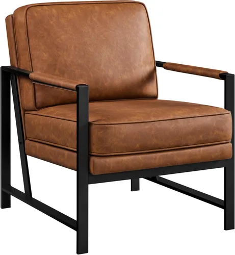 Vista 12 de Yaheetech Sillón de piel sintética, silla retro de ocio con acolchado y cojín extrasuave, moderna silla de lectura con marco de metal negro