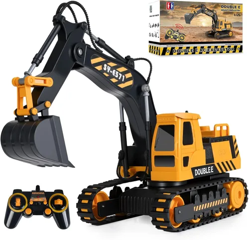 DOUBLE E Juguete de excavadora a control remoto, excavadoras a control remoto, caja de arena, juguetes de construcción hidráulicos, vehículo de