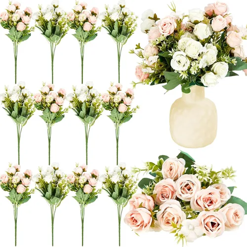 Tigeen 12 paquetes de rosas artificiales de seda, ramo de rosas artificiales, ramos de flores artificiales para jarrón, arreglos florales, boda,