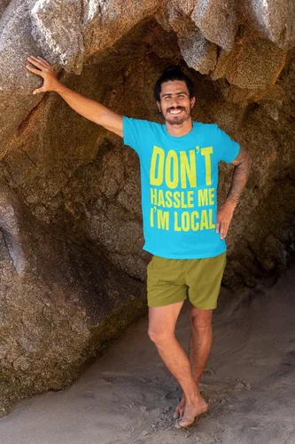 Vista 8 de What about Bob Don't Hassle Me I'm Local scale Recreation tshirt men's unisex blue yellow tee