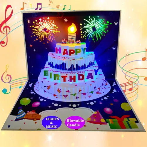 Vista 27 de Tarjetas de cumpleaños 3D desplegables, reproducción automática 3D de colores cambiables, música ligera, tarjetas de pastel de cumpleaños emergentes