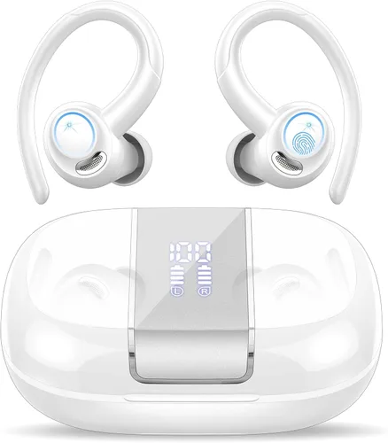 Auriculares deportivos inalámbricos con gancho para la oreja, 48H Deep Bass/ENC Mic Ear Buds White | Wireless Earphone with LED Display, Bluetooth