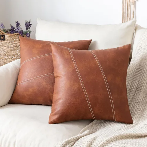 Vista 11 de Juego de 2 fundas de almohada de lino de patchwork de cuero sintético negro, fundas de almohada decorativas modernas y minimalistas para sofá, sala