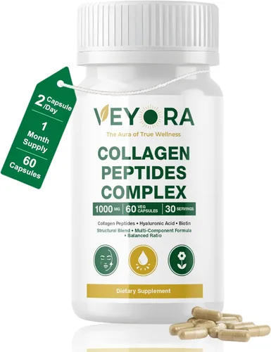 Complejo de péptidos de colágeno 1000 mg | 60 cápsulas veganas | con ácido hialurónico y biotina | Fórmula sin marinos a base de plantas Beauty