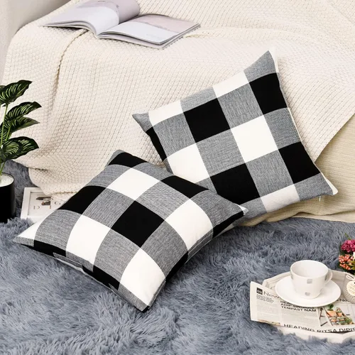 Vista 5 de Tosewever Juego de 2 fundas de almohada rústicas a cuadros de búfalo, fundas de almohada de lino y algodón para decoración del hogar, automóvil