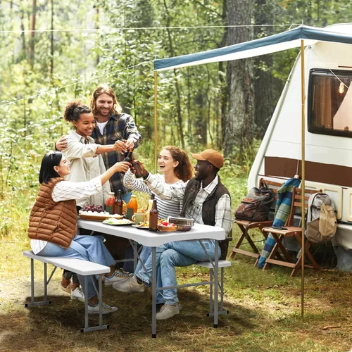 Vista 3 de VINGLI Juego de mesa de picnic con 2 bancos, juego de sillas de mesa de campamento de 6 pies, material HDPE resistente con marco de metal, muebles