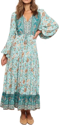 Vista 16 de R.Vivimos Vestido midi de algodón de manga larga con cuello en V y botones para mujer, estampado floral, estilo bohemio Melocotón