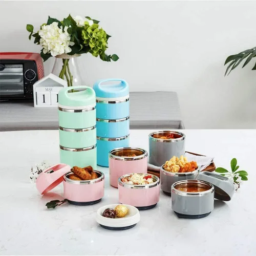Vista 6 de Lille Home Caja de Almuerzo/Merienda Térmica de Compartimentos Apilable de Acero Inoxidable, Contenedor de Bento/Alimentos Aislado de 3 Niveles