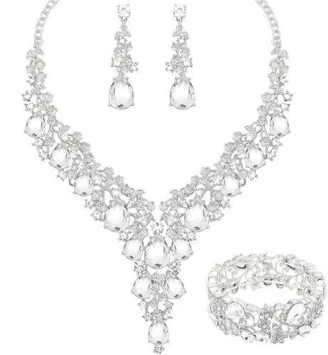 CSY Elegante conjunto de joyas de cristal para disfraz, collar de novia de flores, aretes, conjunto de pulseras elásticas para novia, dama de honor,