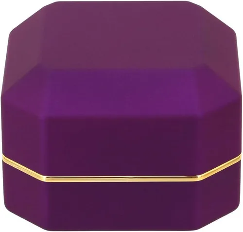 Vista 6 de Caja de anillo de compromiso de propuesta de terciopelo de forma cuadrada Caja de regalo de moneda de joyería de luz LED (morado)