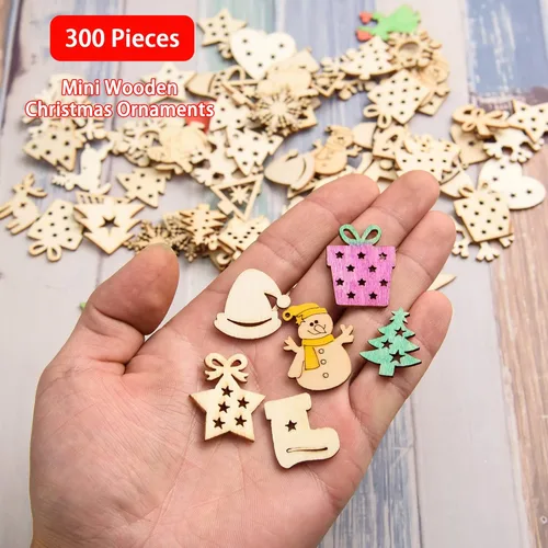 Vista 2 de 300 piezas de mini adornos de Navidad de madera sin terminar, adornos de Navidad de madera, mini rebanada de madera en blanco, manualidades