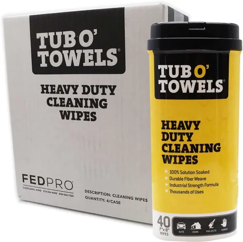 Tub O' Towels, Toallitas de limpieza resistentes para múltiples superficies, 17,8 cm x 20,3 cm, bote de 40 unidades, elimina grasa, suciedad,