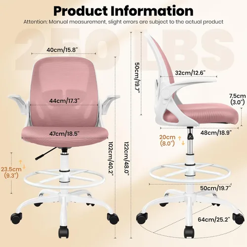 Vista 3 de Primy Silla de Dibujo Técnico Silla de Oficina Alta con Reposabrazos Abatibles Silla Ejecutiva Ergonómica de Computadora para Escritorio de Pie