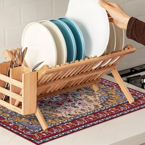 Vista 7 de Tapete de secado de platos bohemio, tapete de secado tribal original persa, tapete de microfibra ultra absorbente para encimera de cocina