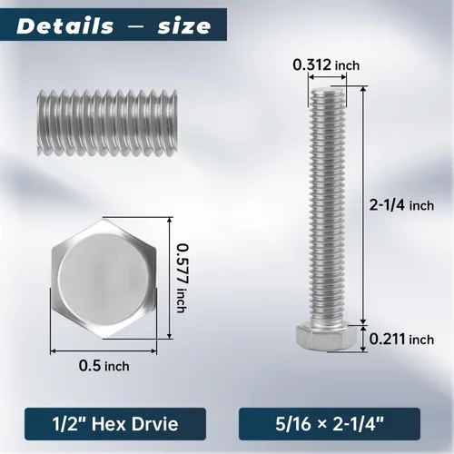 Vista 25 de 10 juegos Glvaner de tornillos de cabeza hexagonal de acero inoxidable 5/16-18 x 2", tuercas, arandelas planas y de seguridad, acero inoxidable 18-8