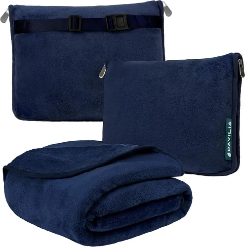 Vista 17 de PAVILIA Almohada Manta de Viaje, Manta Suave de Avión Conjunto Combo 2 en 1, Manta de Avión Compacta Empacable, Esenciales de Vuelo Almohada