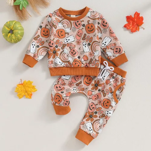 Vista 2 de TheFound Conjunto de 2 piezas de sudadera con cuello redondo y diseño de calabaza para Halloween, para Halloween y otoño e invierno