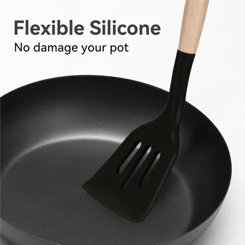 Vista 6 de Juego de utensilios de cocina de silicona antiadherentes, 5 piezas con mango de madera, accesorios de cocina de silicona resistentes al calor (negro)