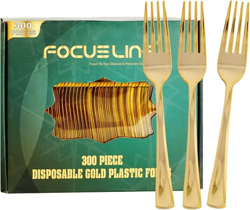 FOCUSLINE Paquete de 300 tenedores desechables de plástico dorado, tenedores de plástico sólido y duradero, cubiertos desechables resistentes para