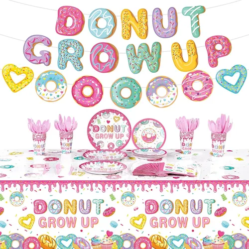 Tiamon 171 piezas de decoraciones de fiesta de donas de Candyland para 24 invitados, decoraciones de fiesta temática de caramelos, incluye platos,