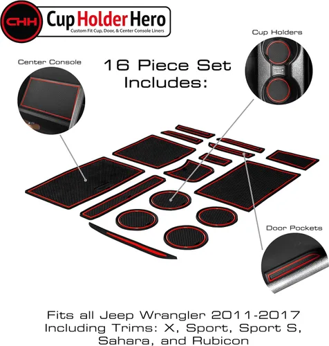 Vista 3 de CupHolderHero Compatible con accesorios Jeep Wrangler JK 2011-2017, insertos interiores antideslizantes antipolvo, tapetes de revestimiento