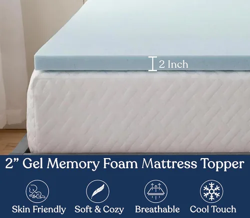 Vista 4 de Cubrecolchón de espuma viscoelástica con gel de 2 pulgadas, certificado Certipur-US, refrigeración de alta densidad, diseño ventilado para un mejor