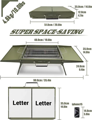 Vista 2 de Charmline Parrilla de carbón portátil grande de 20 x 14 pulgadas, parrilla compacta con red de parrilla elevable, parrilla de barbacoa que ahorra