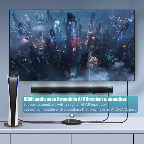 Vista 3 de Divisor HDMI 4K 1 en 2 salidas 60Hz - HDCP 2.2/2.3 Bypass, HDR, Dolby Atmos/DTS5.1/7.1 - Compatible con PS5/PS4/PS3, Apple TV, Xbox, caja de cable