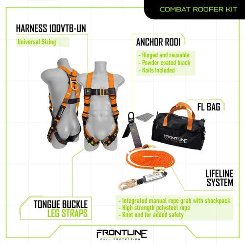 Vista 2 de Kit completo de techadores Frontline Combat con arnés de cuerpo completo Lifeline Combat™ de 50 pies Cumple con OSHA y ANSI