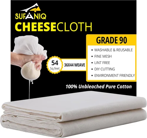 Vista 18 de Sufaniq Paños de Queso, Grado 90 (9 Pies Cuadrados) Estopilla Reutilizable de Algodón 100% Puro, Tela Ultrafina Sin Blanquear, Estopilla para Colar