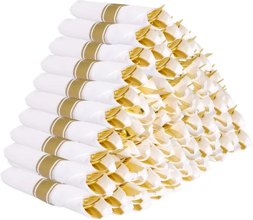 Vista 8 de Cubiertos de plástico dorado con servilletas, 100 paquetes de servilletas y cubiertos preenrollados, juego de cubiertos desechables envueltos