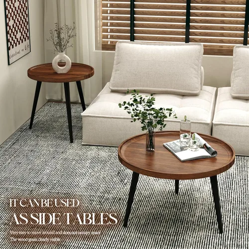 Vista 5 de 2 piezas de mesa de centro moderna de mediados de siglo, redonda para sala de estar, fácil de montar, mesas de centro anidables, mesa de centro