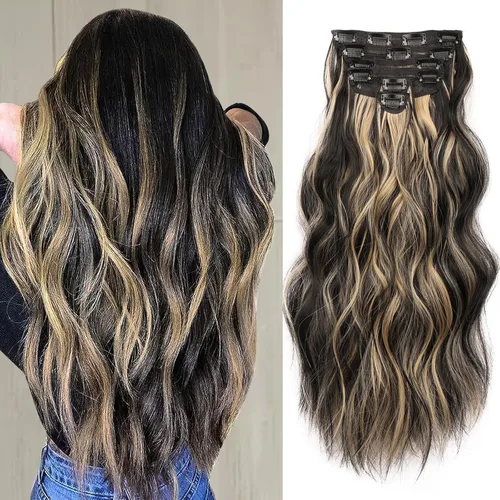 Vista 12 de NAYOO Extensiones de cabello con clip, de 20 pulgadas, largo, ondulado, rizado, rubio ceniza, extensiones de cabello sintético de cabeza completa