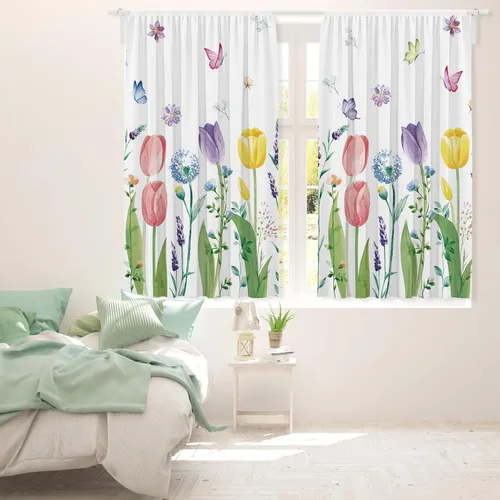 Vista 7 de 2 paneles de cortina de cocina de tulipán de mariposa con bolsillo para barra, cortinas florales de primavera para decoración del hogar, sala
