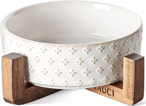 Vista 11 de LE TAUCI Cuencos de cerámica para perros grandes, cuenco elevado de 7 pulgadas con soporte de madera de acacia, juego de cuencos individuales