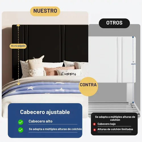 Vista 6 de Allewie Twin Platform Bed Frame with Velvet Upholstered Headboard Negro