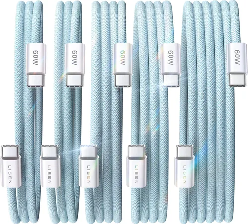 Vista 23 de LISEN Cable USB C, paquete de 5 cables USBC a USBC [0.5 pies] para iPhone 17 16e 15 Pro Max, cable de carga rápida de 60 W C a C para Galaxy Negro