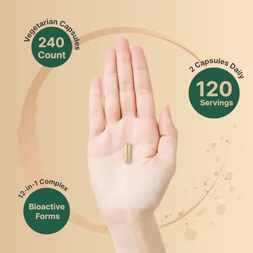 Vista 5 de Vitaminas del complejo B metilado, 240 cápsulas vegetales Complejo multivitamínico B B12, folato, biotina y más - con vitamina C natural, E