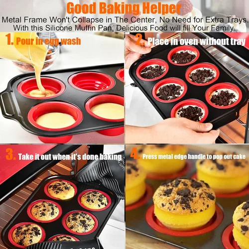 Vista 9 de Molde de Silicona para Muffins, Moldes para Muffins de 6 Cavidades para Hornear con Marco de Metal, Molde para Cupcakes, Moldes para Bocados de 6